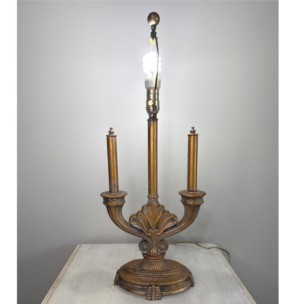 Berman Hollywood Regency Candelabra Table Lamp Antiqued Gold 3 Arm‎ Ornate Base